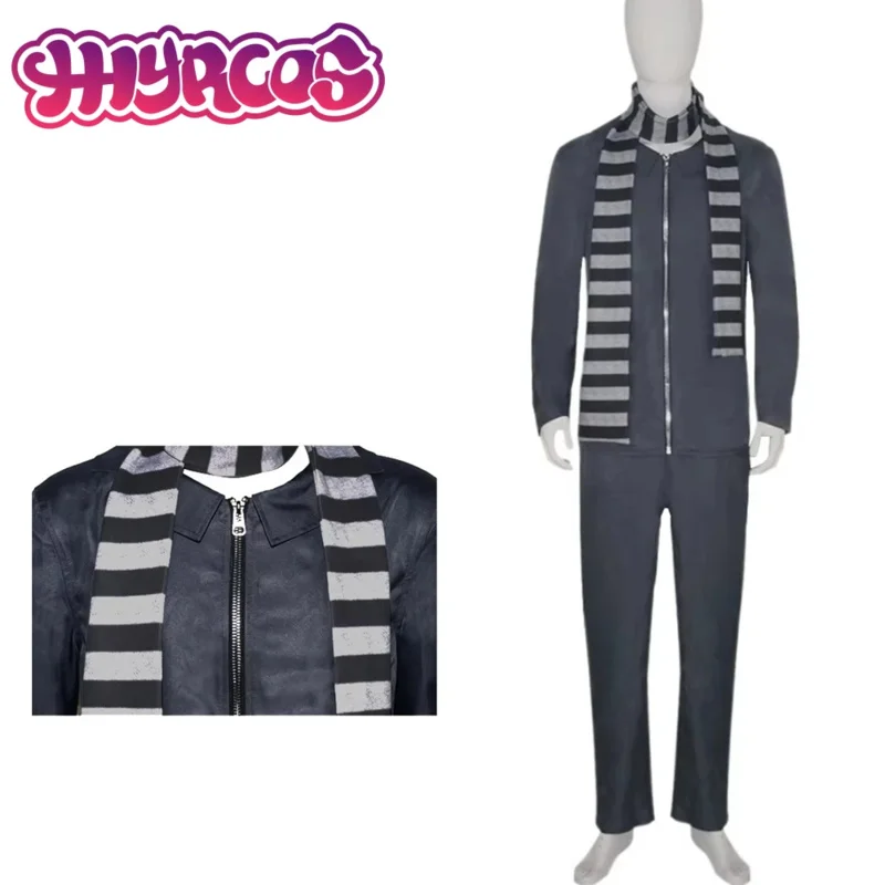 CyMovie DAD Gru Masks Cosplay Costume Gru Cospaly Coat Pants Scarf Mask for Men Disguise Party Fantasy Outfits Halloween Dress-U