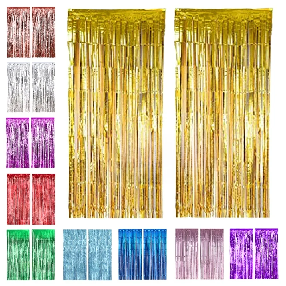 2 pcs shiny tassel rain silk curtain background decoration, gold sparkling event background, party, birthday, home decoration