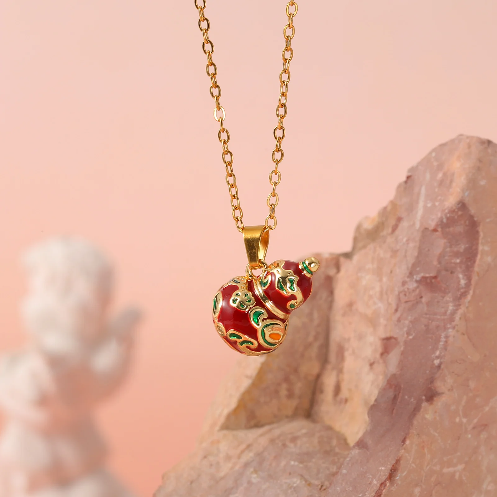 18K Gold Plated Enamel Gourd Pendant Cable Chain Chinese Lucky Charm Necklaces For Women