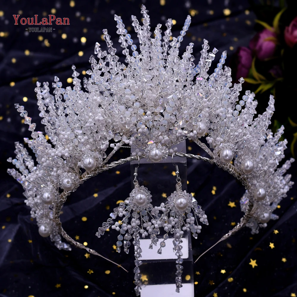 YouLaPan Handmade Crystal Crown Pearl Hairbands Spiked Goddess Crown Cosplay Wedding Party Indian Bridal Hair Accessories HP399