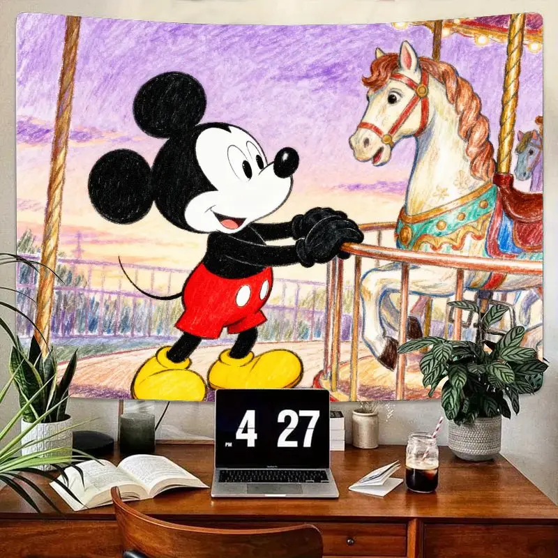 

1PC Disney Mickey Mouse Whimsical Carousel Drawing Tapestry Polyester Wall Art Kids Room Decor for Boys Girls Cartoon Fans Gift