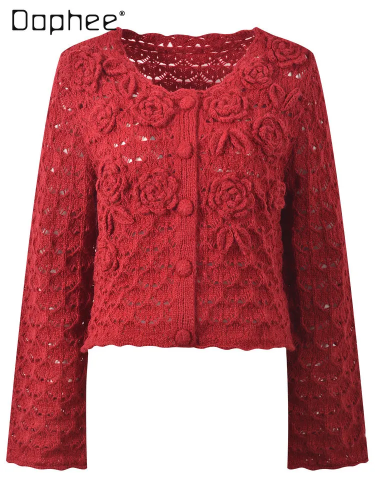 

2026 Spring New French Temperament Gentle Rose Three-dimensional Crochet Hollow Retro Knitted Cardigan Loose Chic Sweater Jacket