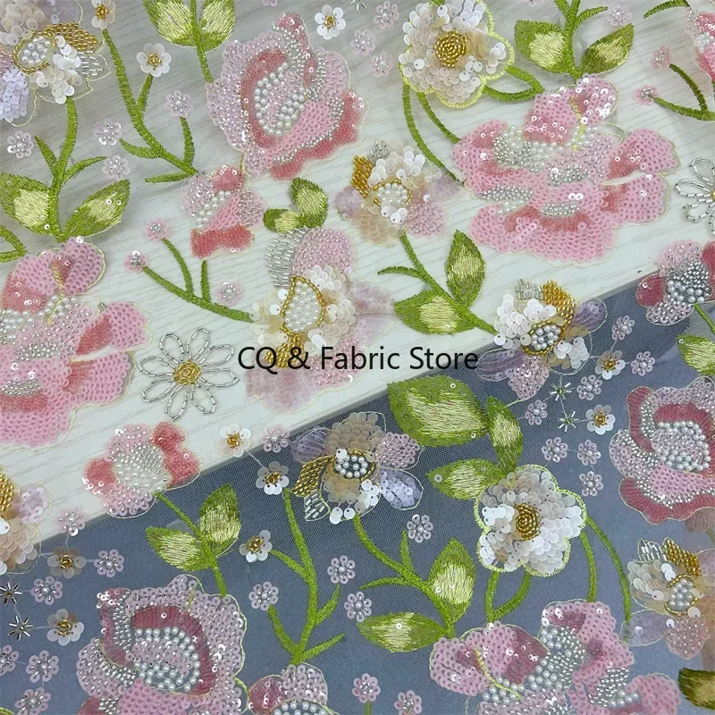 Luxury Floral Beaded Embroidery Fabric Cross Border for Lace Tulle Dress Wedding Dress Fabric