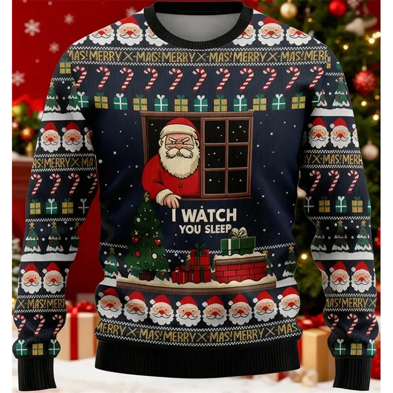 Unique New Year Christmas Ugly Sweater For Men Humour Funny Santa Claus Print Pullover Sweatshirt Festive Gift Xmas Sweatshirts
