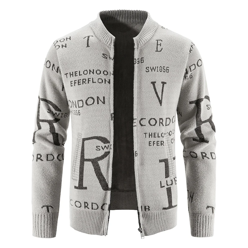 

New Fashion Men's Cardigan V-neck Collar Alphabet Patterned Long Sleeve Thick Winter Jackets Male Zipper Korean Style Coat