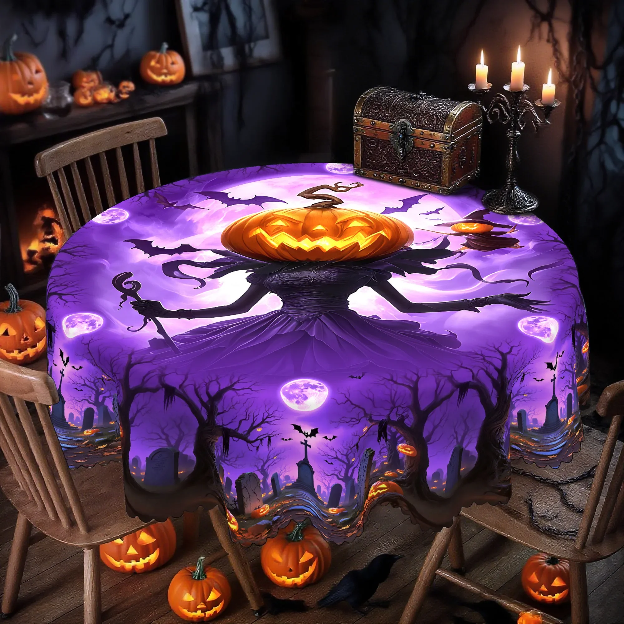One eerie pumpkin witch tablecloth, perfect for Halloween decoration