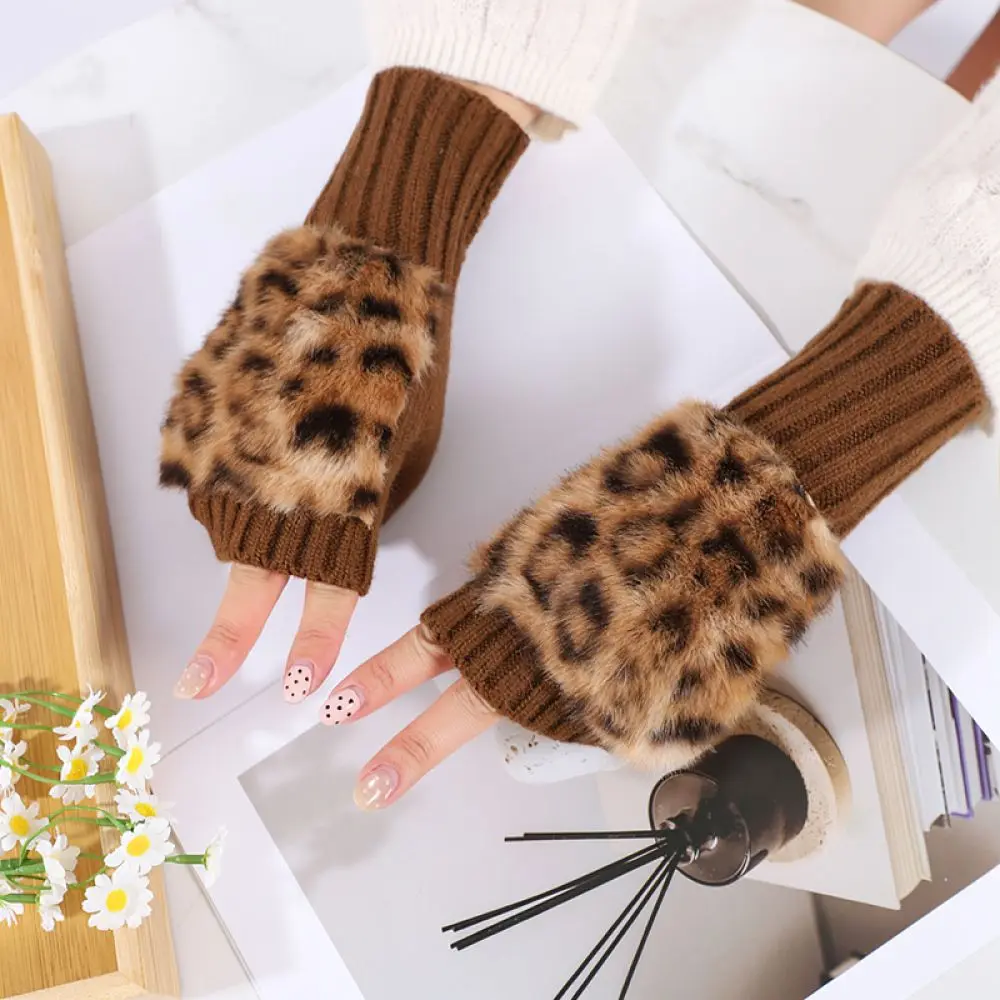 Fashion Leopard Print Fingerless Plush Gloves Winter Warm Soft Faux Mittens Women Casual Driving Outdoor Accessories