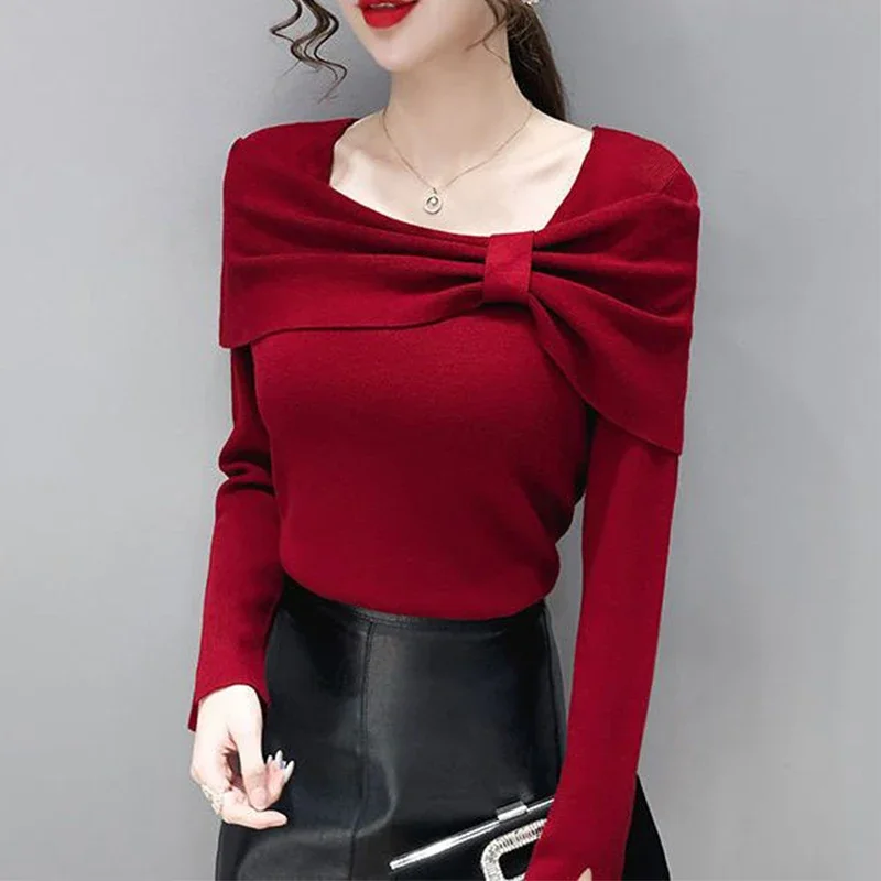 

Autumn Winter Elegant Fashion Sweater Ladies Slim Solid Color Slit Knitting Pullovers Women's Vintage All-match Jumpers Top B71