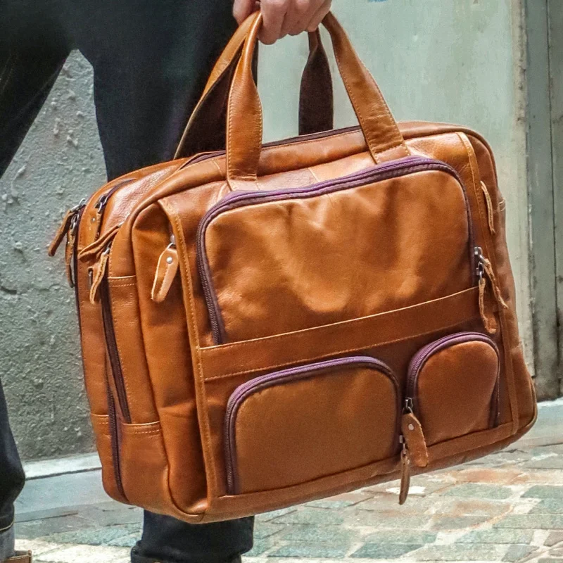Leather men's laptop bag with multi-functional crossbody design large capacity high-quality leather men's bag business briefcase