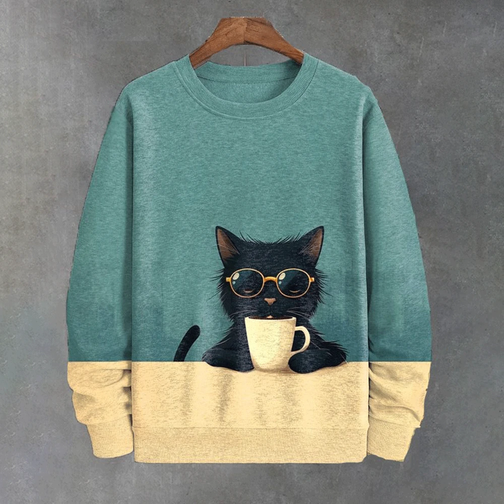 Print Cat Long Sleeve T-Shirt For Men Oversized Hoodies Pullover Autumn Men Women Round Neck Sweatshirt Fashion Unisex Clothing