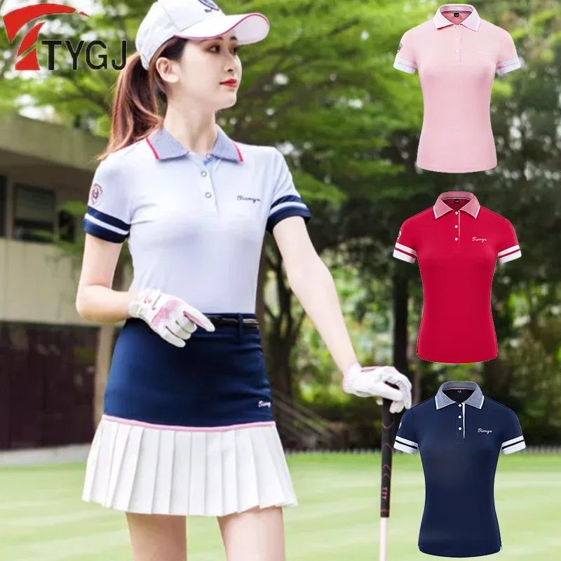 TTYGJ Summer Golf T-shirt Women Patchwork Stripe Shirt Ladies Turn Down Collar Tops Girls Breathable Slim Sport Blouse 4 Color