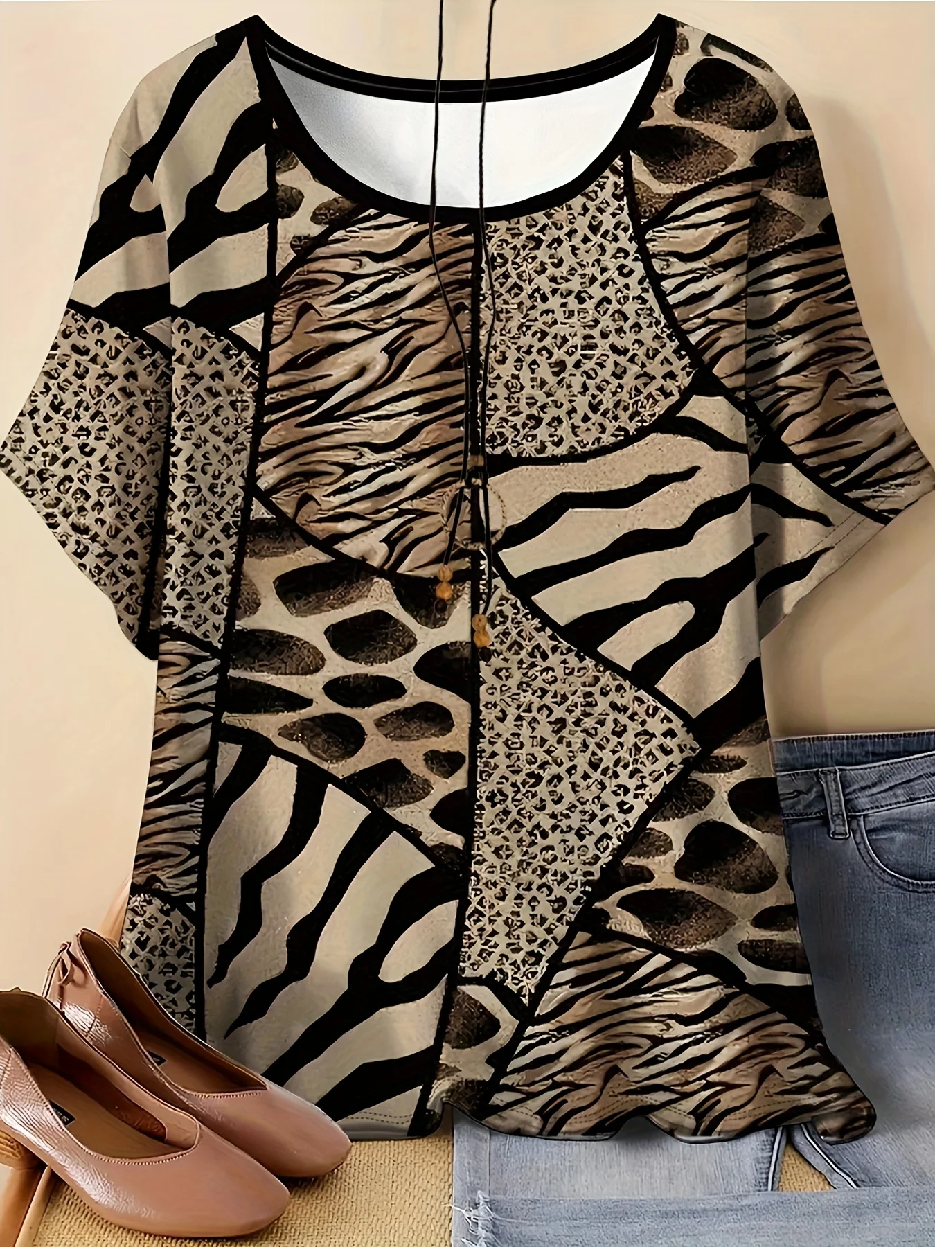Women Round Neck Short Sleeve T‑shirt Mixed Animal Print Patchwork Leopard Zebra Tiger Stripe Casual Daily Top Women's Clothes