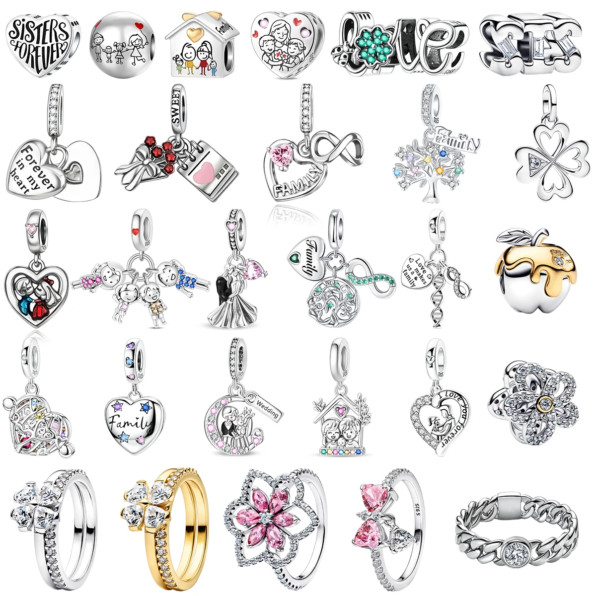 

925 Sterling Silver Charm Bead Warm Family Love Sisterhood Wedding Heart Family Tree Infinity Ring Inlaid Gem DIY Gift Jewelry