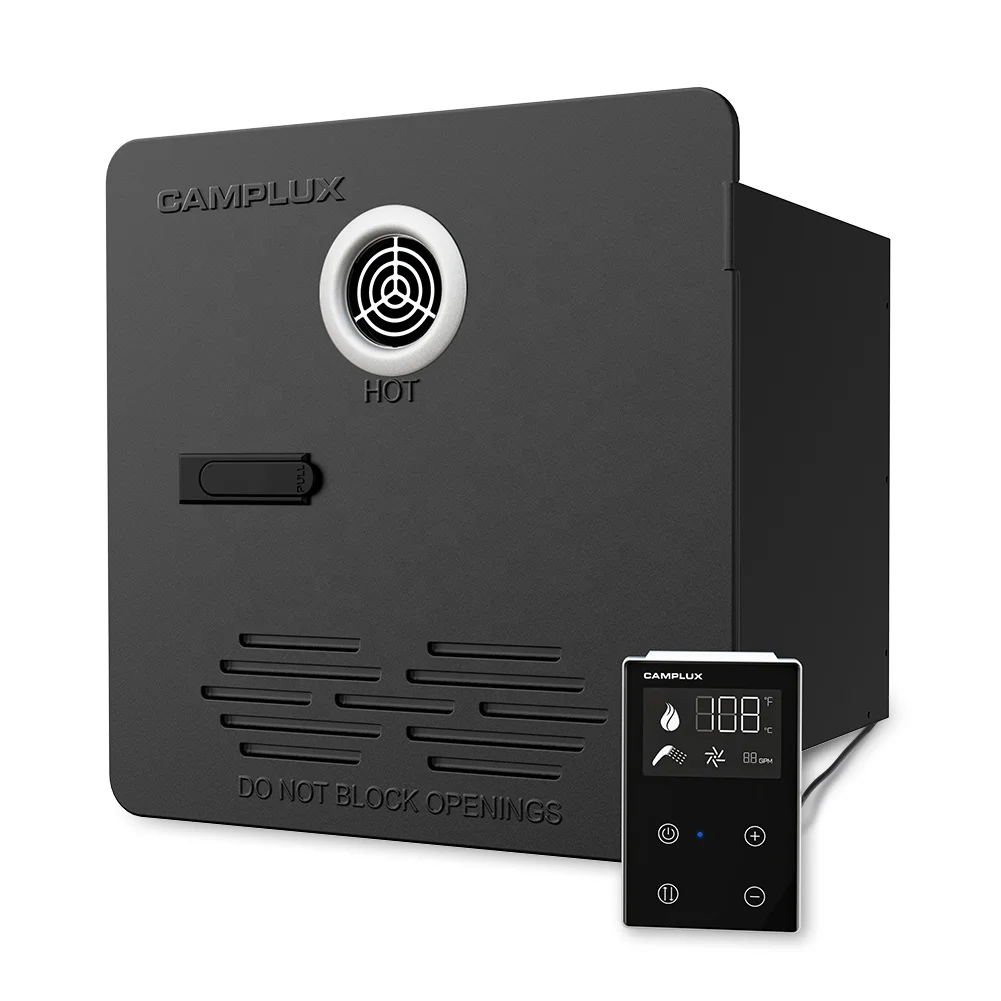 

CAMPLUX RS264B 65K BTU RV Tankless Water Heater W/ Mixing Tank, 2.64GPM, Door & Remote, High Altitude, For RVers, Black