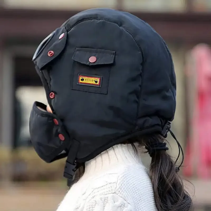 Gorros de bombardero de invierno para niños de 5 a 10 años, máscara de pasamontañas, gorro de lana forrado a prueba de viento, orejeras para niños y