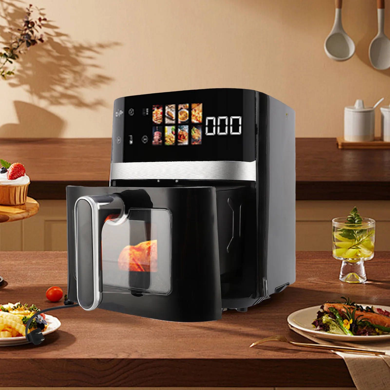 5QT Oilless Fryer Black Large Capacity Visual Window Color Display Fully Automatic Electric Fryer Cooker Chicken French Fries