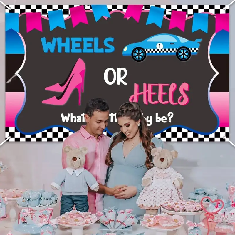 Fondo de fiesta de revelación de género con ruedas o tacones, cartel colgante de pared, accesorios para fotos para él o ella, Baby Shower, cumpleaños, 70,7x43,3 pulgadas