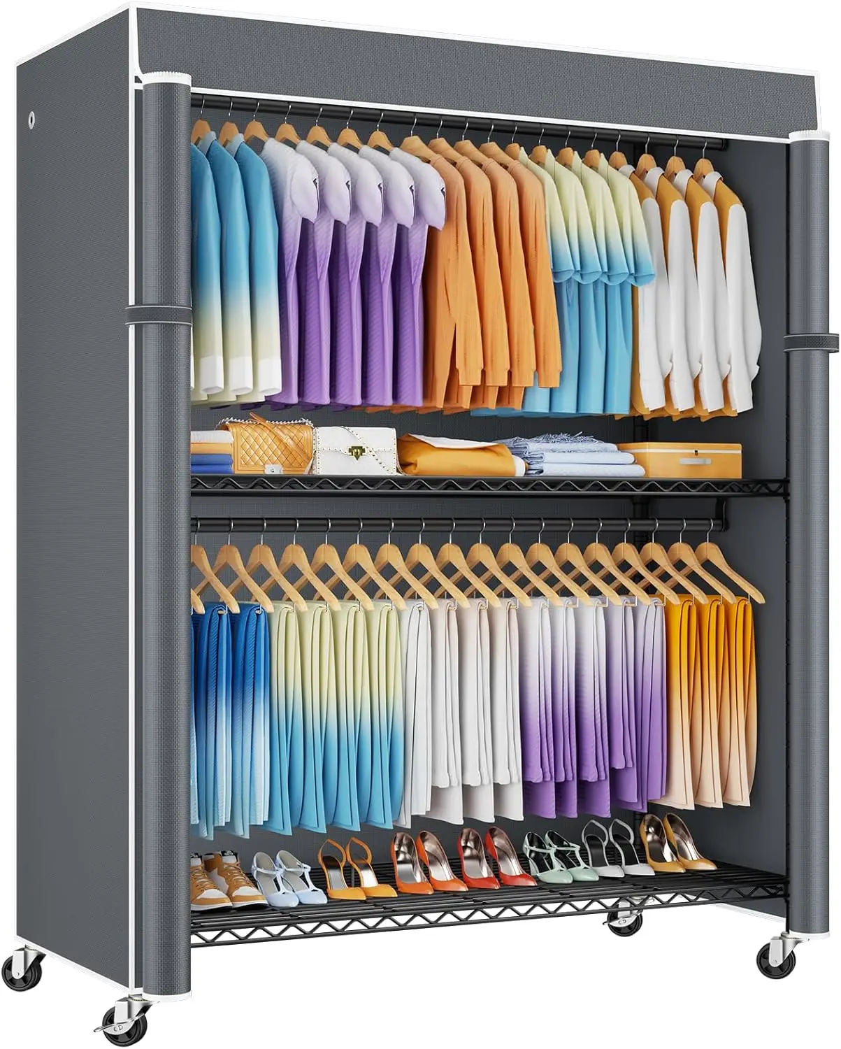 

Heavy Duty Clothes Rack 51.2"W x 15.8"D x 80.5"H, 700LBS Capacity, Rolling with Lockable Wheels, Black with Grey Cover