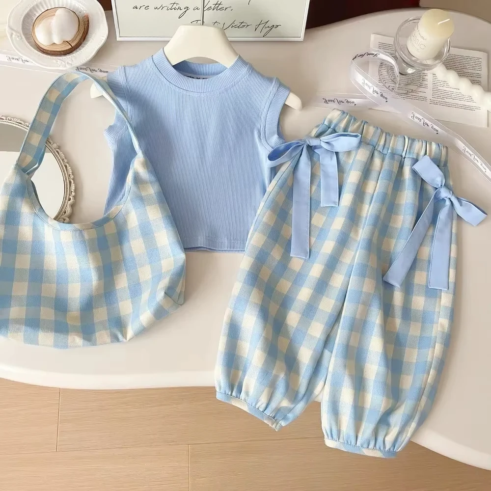 Summer New  Baby Girl Clothes Korean Version Plain Children's Clothing Blue Sleeveless Top+Bow Decoration Checkered Pants+Bag