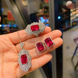 Fashion Luxurious 925 Sterling Silver Ruby Gemstone High Carbon Diamond Pendant Necklace Earring Ring Set Women Jewelry 8*12