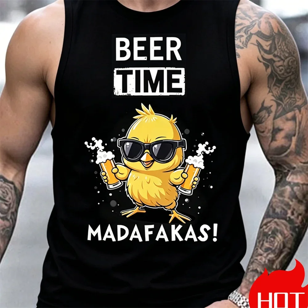 Summer Breathable Men's Sleeveless T-shirt Casual Loose Beer Chicken Pattern Man Tank Tops Trend Cool Men's Y2k Clothes