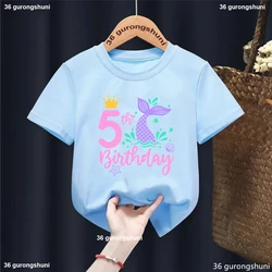 Newly Girls T-Shirt Cute Mermaid Birthday Number Print 3 4 5 Yeas Old  Kids Birthday Gift Clothing Tshirt Cute Baby Shirt Tops