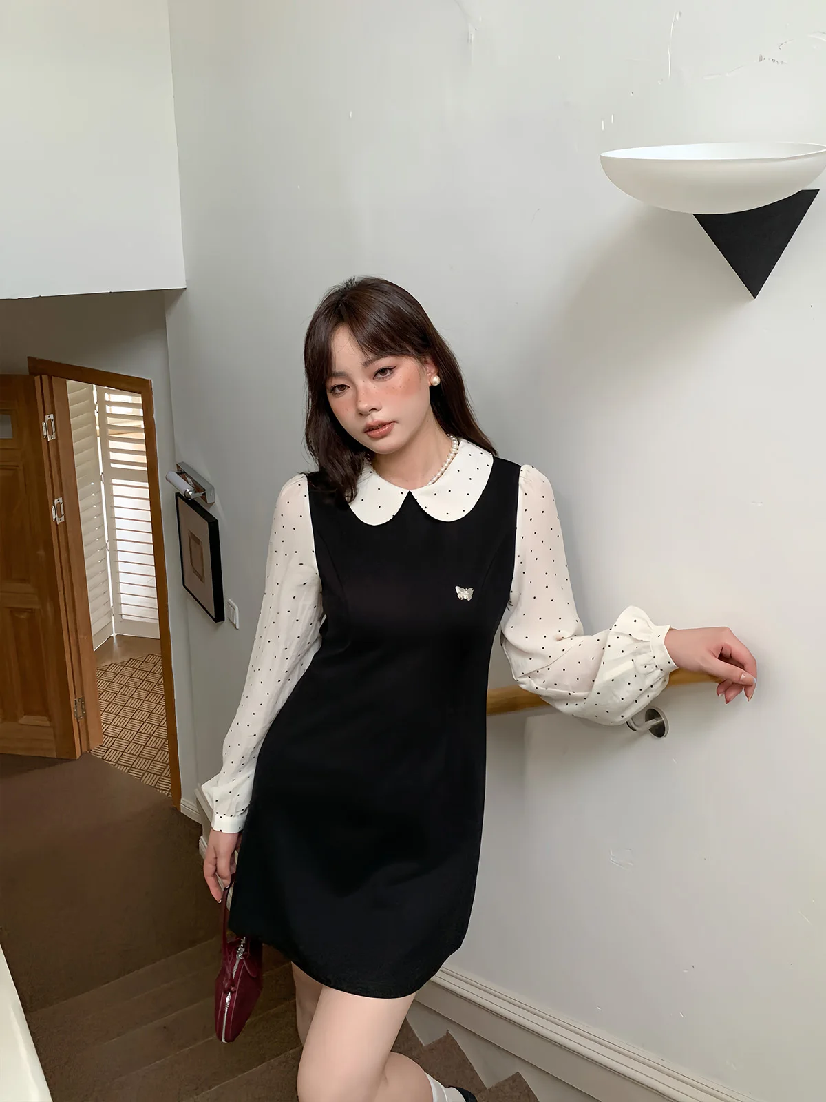 

Платье-обманка в клетку и горошек с длинными рукавами и юбкой-шортами, А-силуэт, с высокой талией, большие размеры, в стиле Seoul Girl