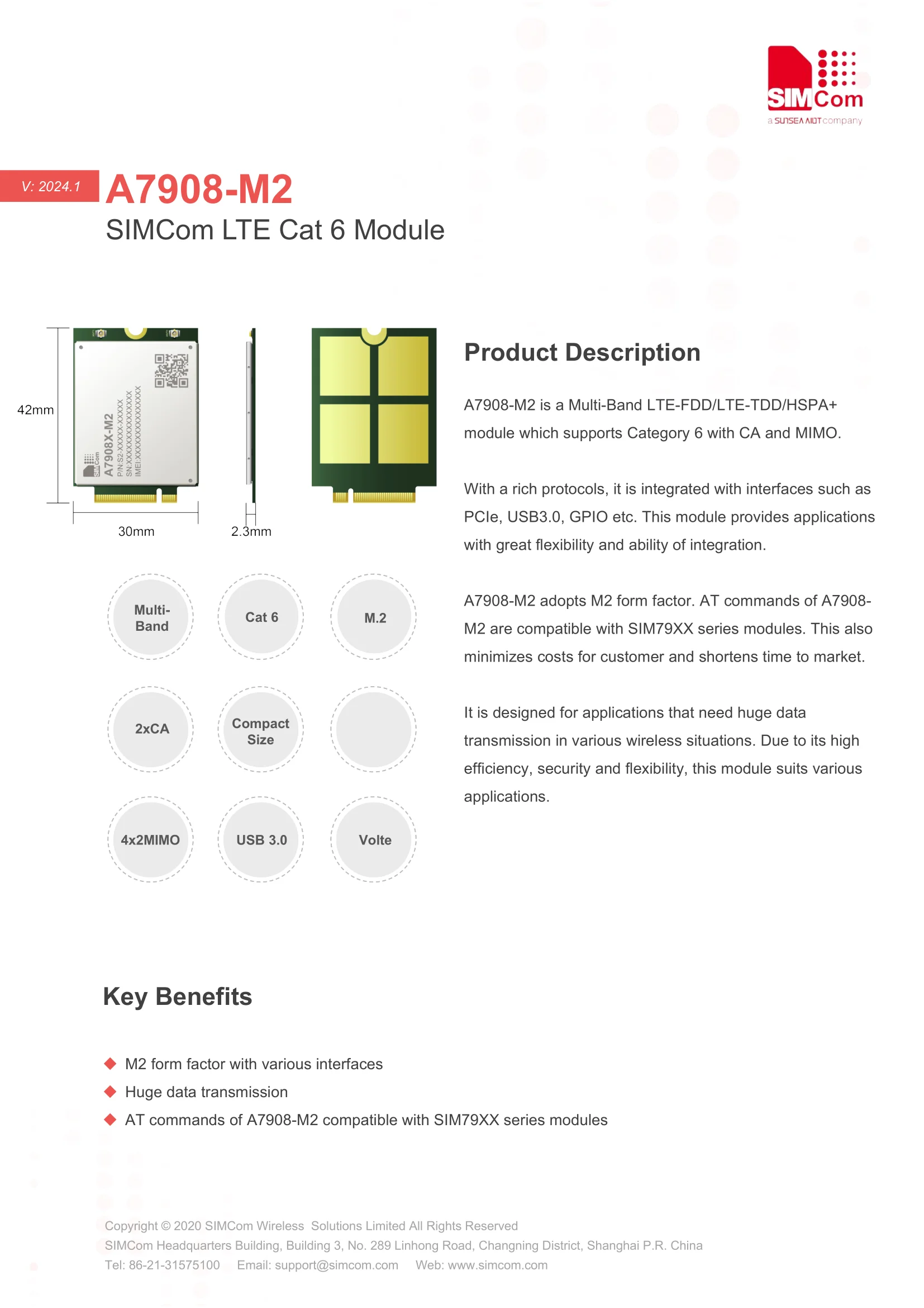 Simcom A7908E-M2 Modulo di comunicazione CAT6 ad alta velocità CA Carrier Aggregation