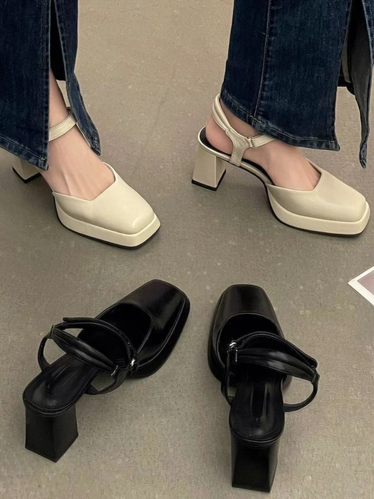 2023 Summer Non Slip Causal Square Toe Pumps Elegant Pure Color High Heels Sandals Party Hollow Slim Women Shoes Korean Fashion