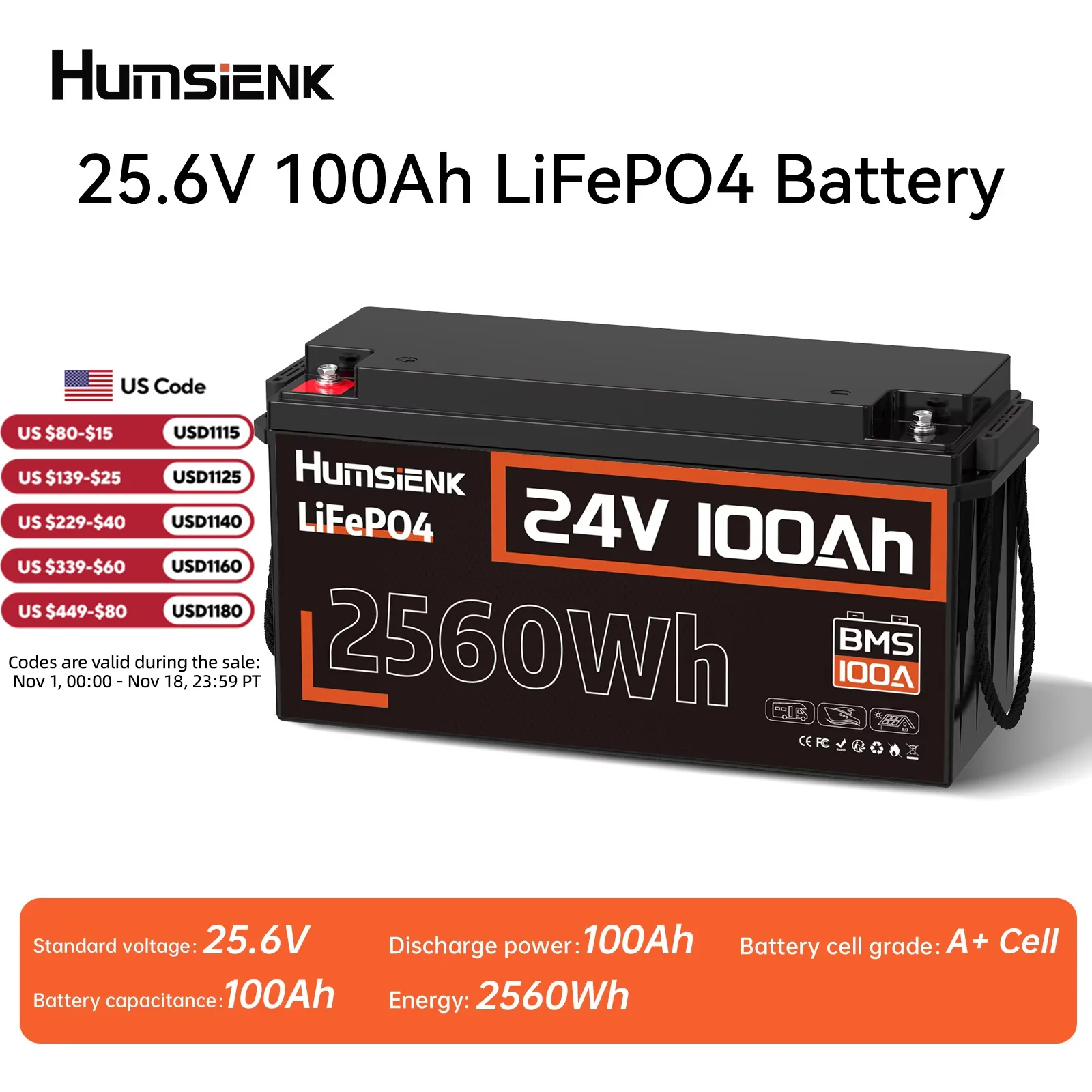 Humsienk 24V 100Ah LiFePO4 Battery 15000 Cycle 100A BMS UP 2560W For RV, Camper, Solar, Marine, Off-Grid,2-year warranty,UL 1973
