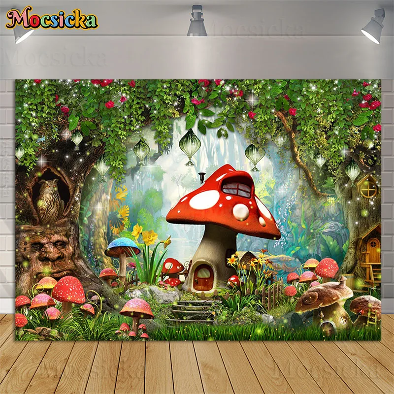 

Fairy Tale Forest Photography Backdrops Wonderland Mushroom House Dreamy Jungle Baby Birthday Cake Smash Background Photo Studio