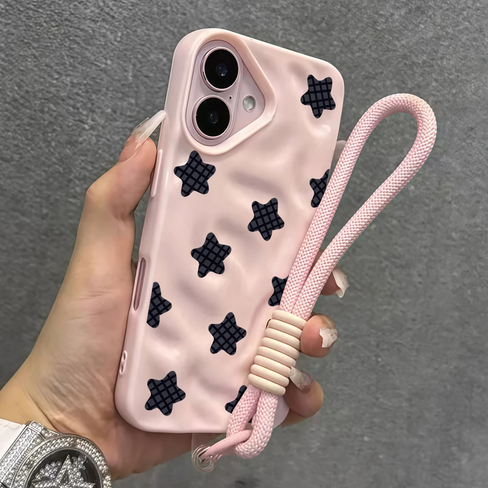 Karierte Sterne Y2K Falten-Silikon-Handyhülle für iPhone 17 15 13 11 12 14 16 17 Pro Max 14 15 Plus 17Air mit Lanyard-Abdeckung – Detail 8