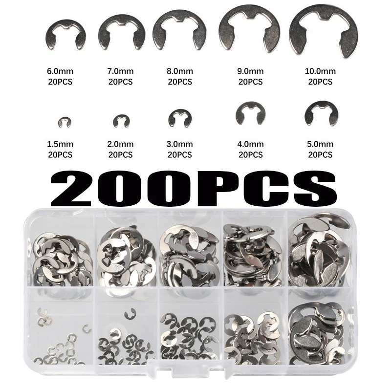 200Pcs 304 Rvs Rvs E Clip Washer Assortiment Kit Borgring Borgring Voor As Fastener 1.5-10 Mm