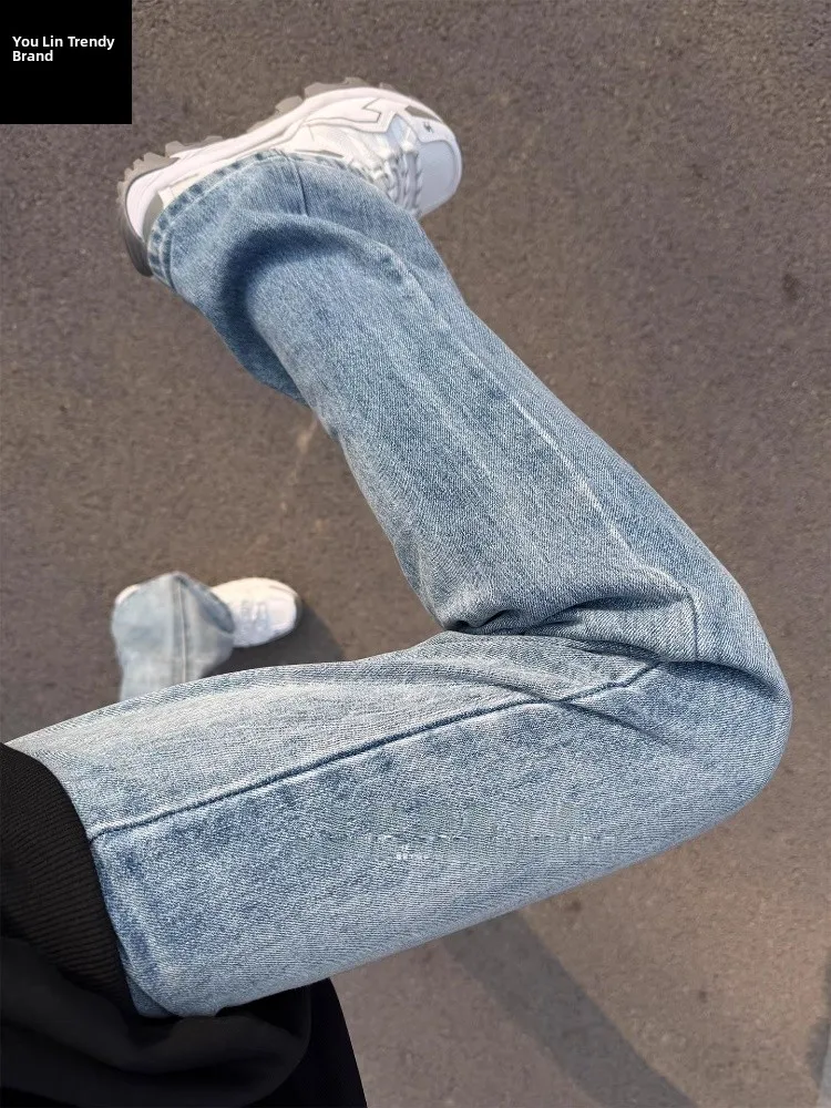 

Мужские джинсы Cleanfit Blue Slim Fit с прямыми штанинами, в американском стиле High Street, с эффектом потертости, со средней посадкой, из денима