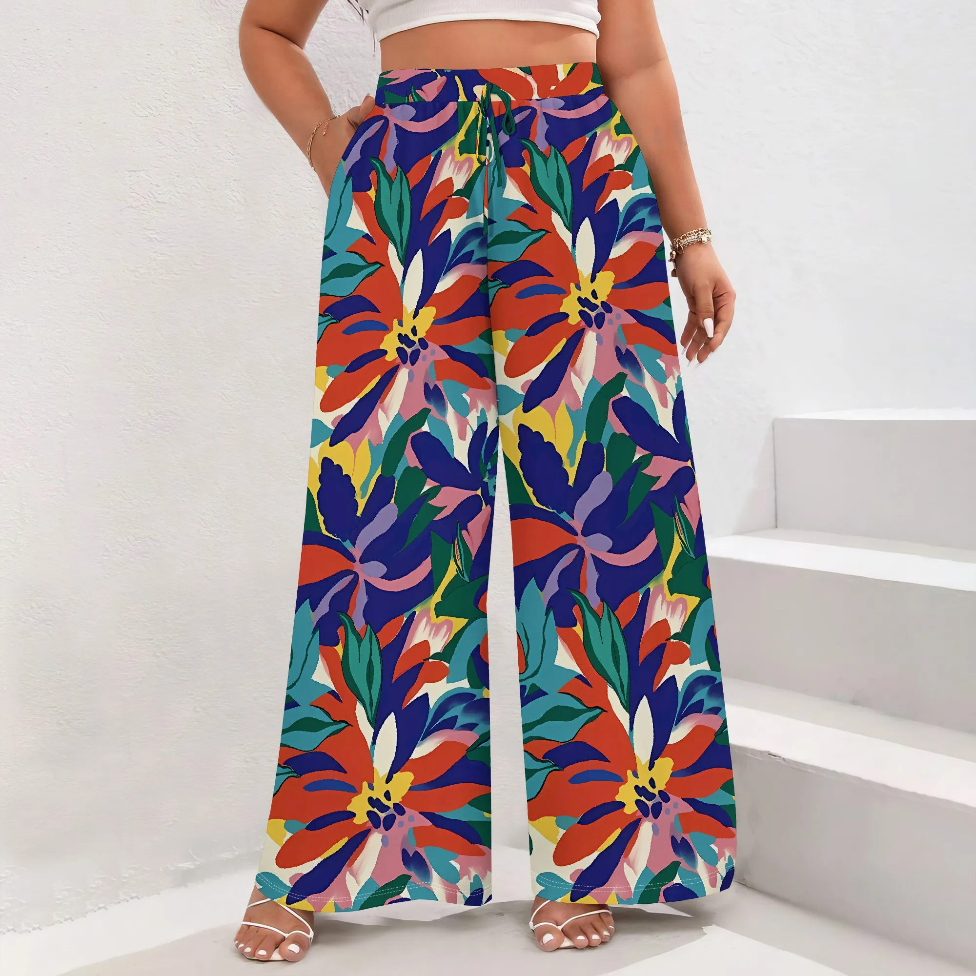 

Nupusa Colorful Floral Print Pants for Women Summer Casual High - Waisted Wide Leg Trousers