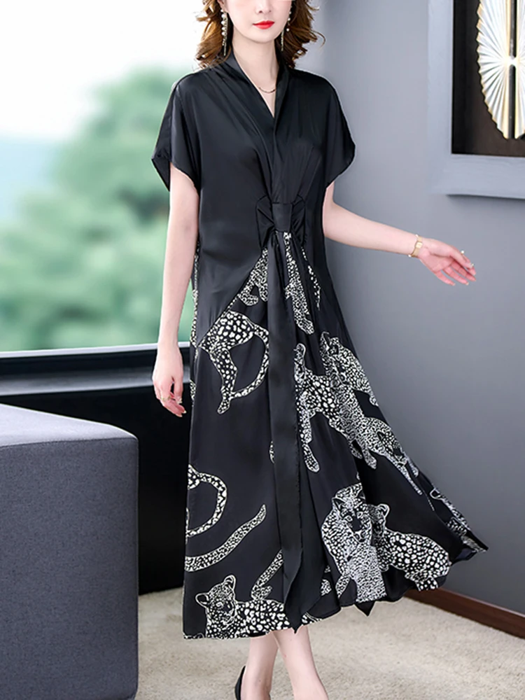 Summer Black Print Natural Silk V-Neck Midi Dress Women Short Sleeve Elegant Bodycon Dress 2024 Korean Vintage Hepburn Vestidos