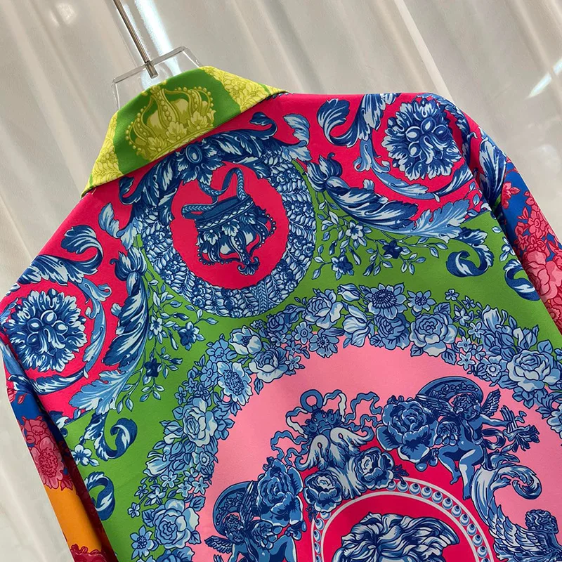 Camisa de manga larga de seda de hielo para hombre, ropa de salón con estampado gráfico, informal, color floral, corona, marca de moda, primavera y