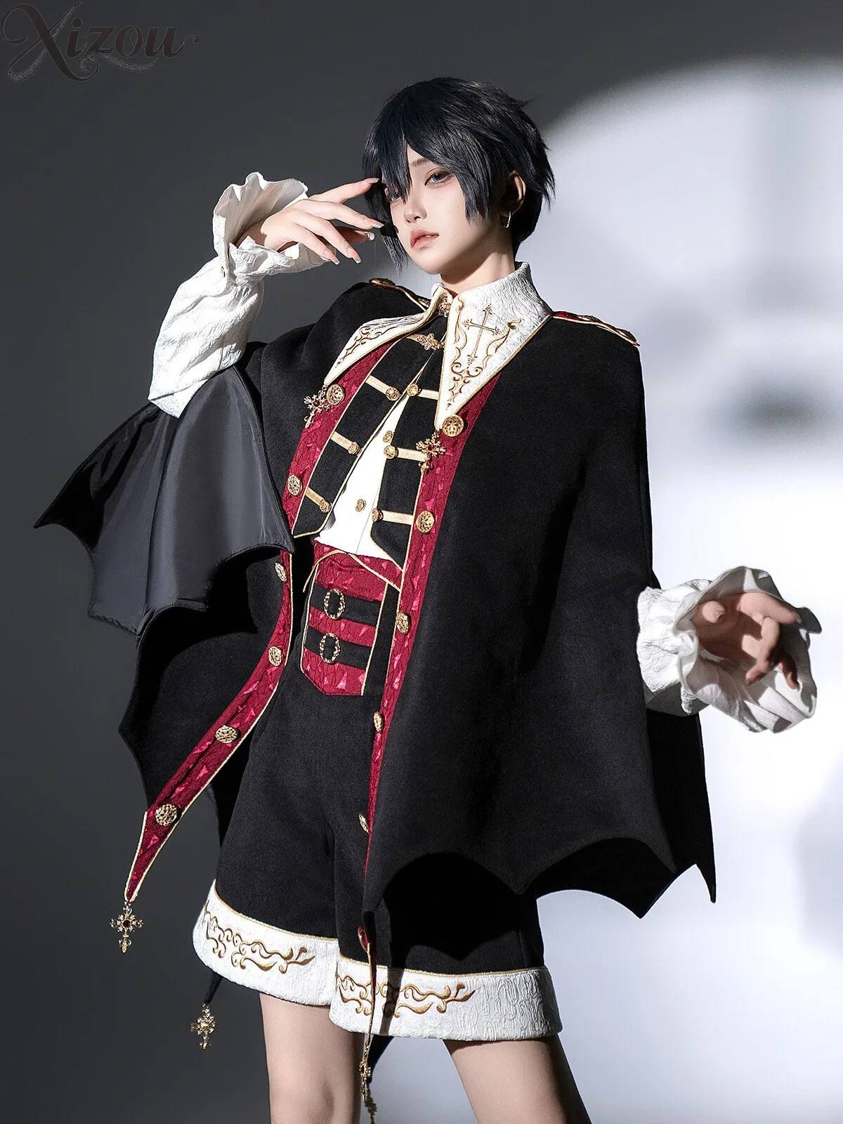 Gentle Limited Vampire Noble Ouji Lolita Suit Gold Embroidery Bat Cape Gothic Court Magic Prince Shorts Set Halloween Cos Outfit