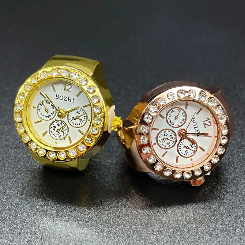 Creative Clock Shape Watches Rings Movement Quartz Rhinestone Decor Watch Finger Ring Punk Mini Elastic Strap Ring Jewelry Gift