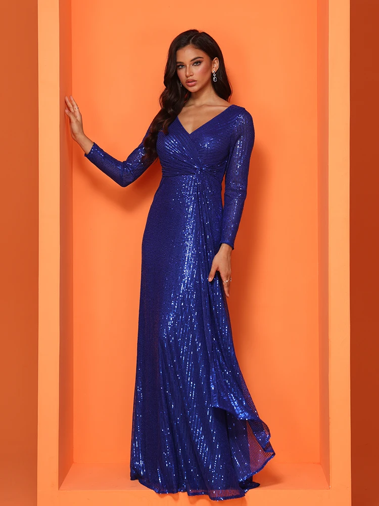 Lucyinlove Luxury V-Neck Sequins Royal Blue Evening Dress For 2024 Women Elegant Wedding Party Long Sleeve Prom Cocktail Dresses