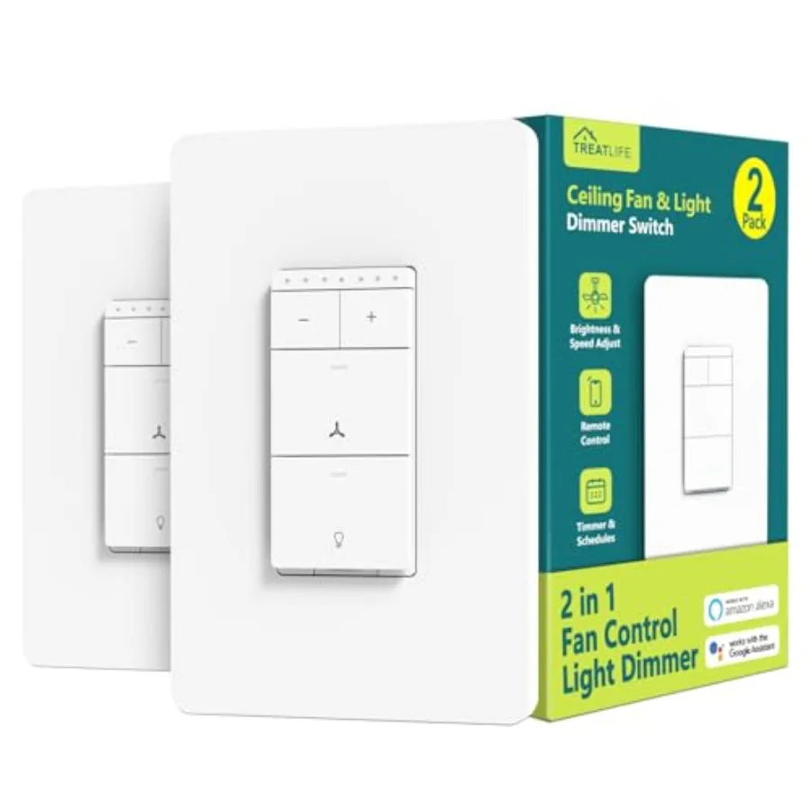 Smart Ceiling Fan Control and Dimmer Light Switch 2Pack Neutral Wire Needed 2.4GHz Single Pole Wi-Fi Fan Light Switch Combo Wor