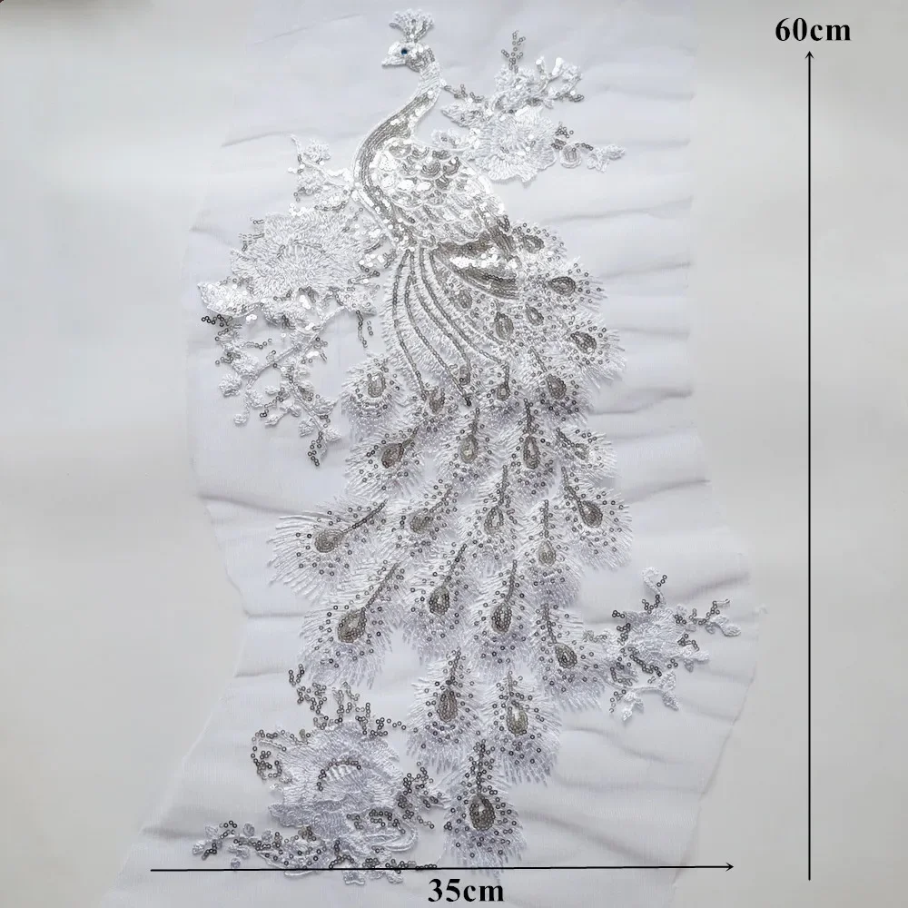 Argento paillettes ricamato pavone uccelli Applique tessuto di pizzo rifinitura Patch per cucire per abito da sposa vestiti artigianato fai da te