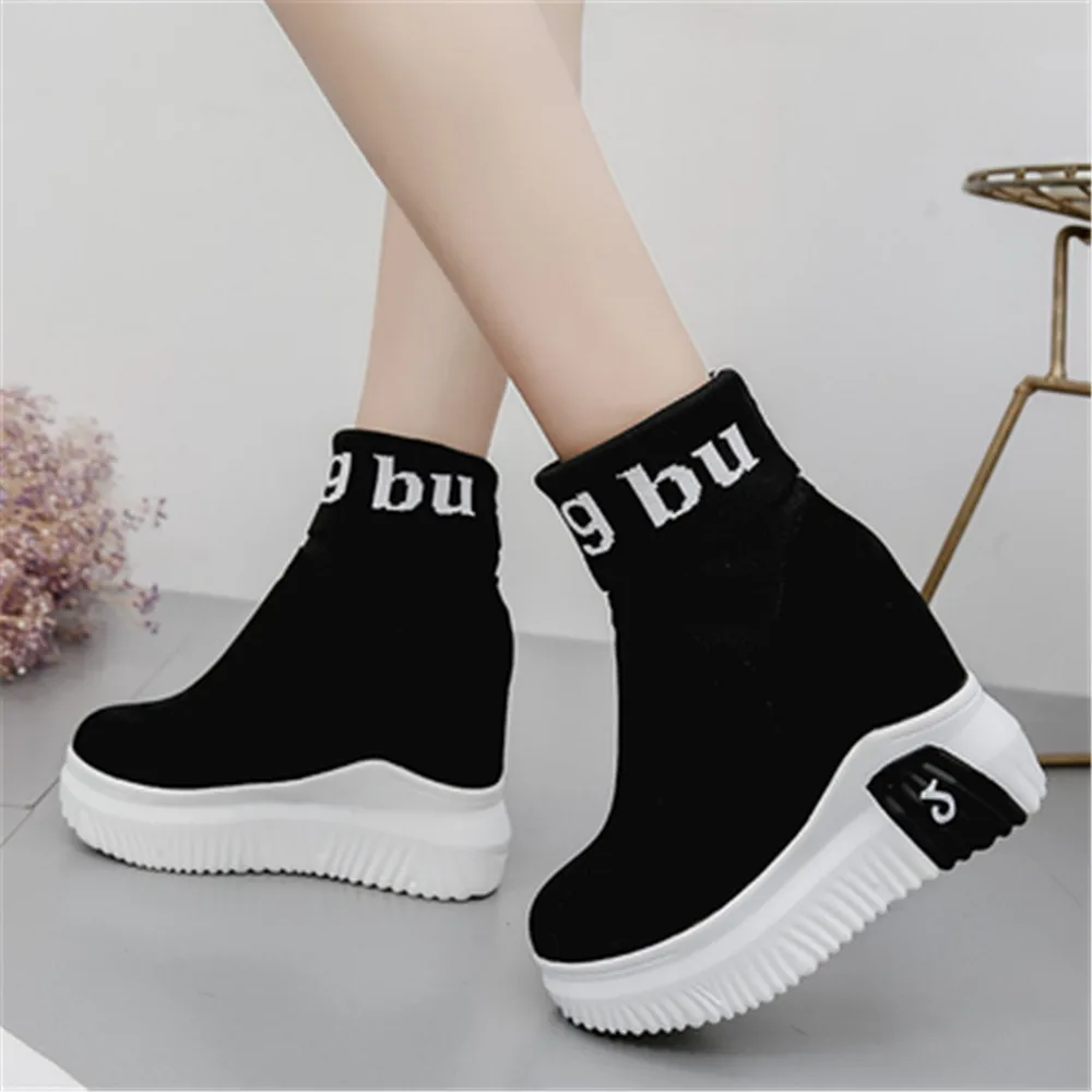 New Women Stretch Fabric Sock Boots Autumn Winter Muffin Platform Wedge Ankle Boots 11 CM Increased Internal zapatos botte femme