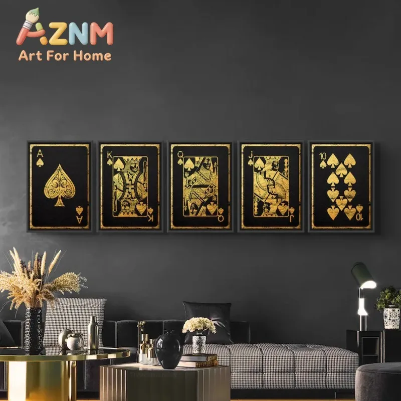 Gold Royal Flush of Spades Poster Playing Poker Cards Canvas Painting Wall Art for Cool Man Cave or Basement Game Room Decor
