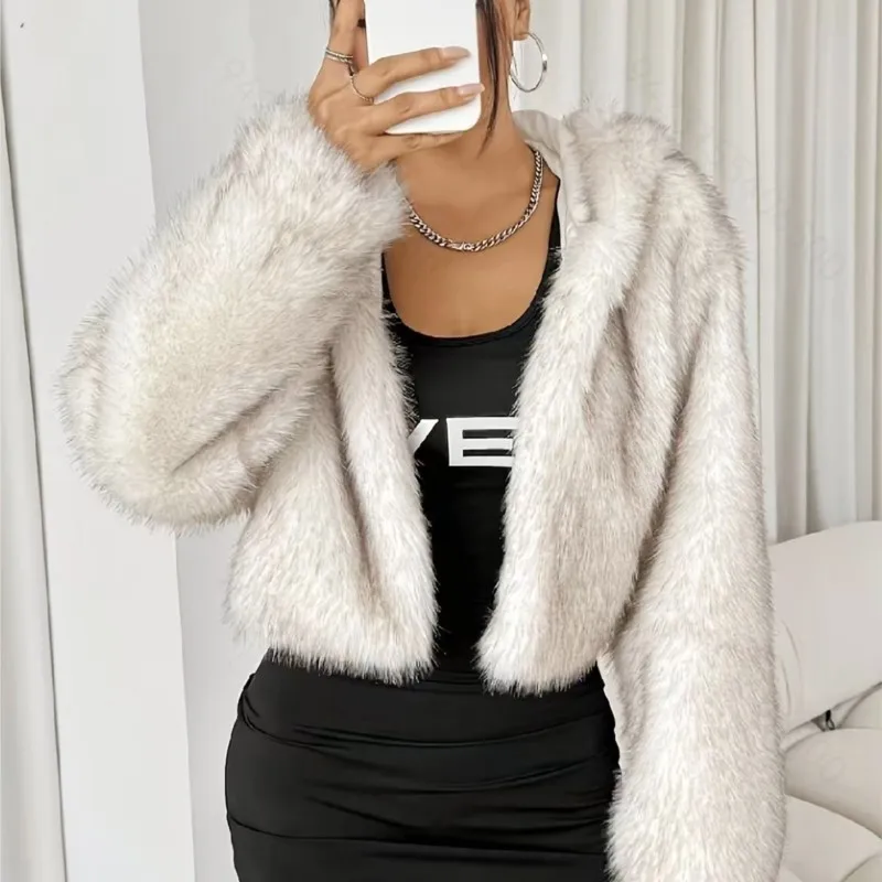 

2025 Winter Women's Faux Fox Fur Long Sleeve Hooded Coat Keep Warm Solid Color Faux Fur Loose Shorts Hoodie Coats Furry Tops