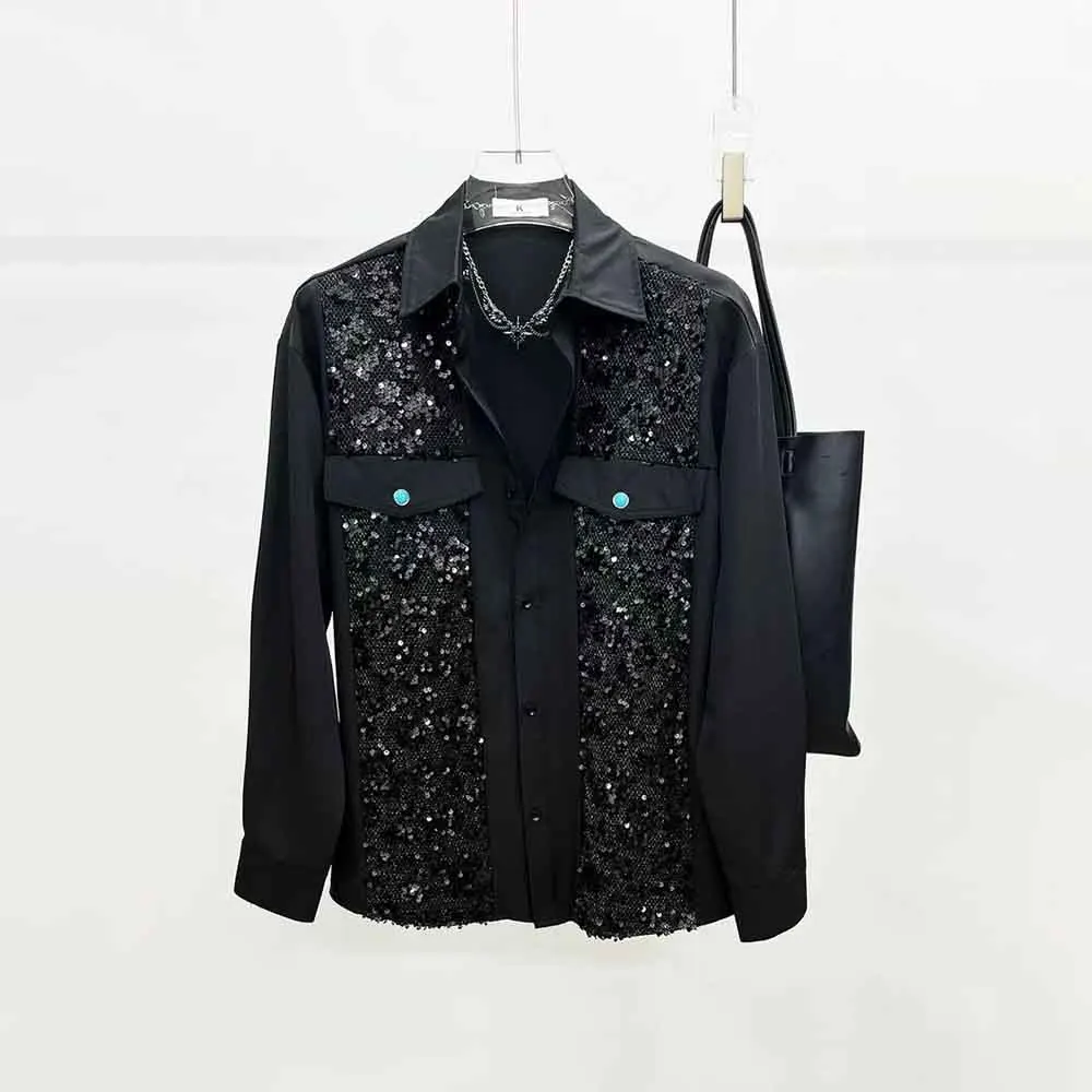 

2025 зимняя новая мужская лоскутная рубашка с длинными рукавами и блестками, американская ретро-мода, модный свободный нишевый мужской топ High Street