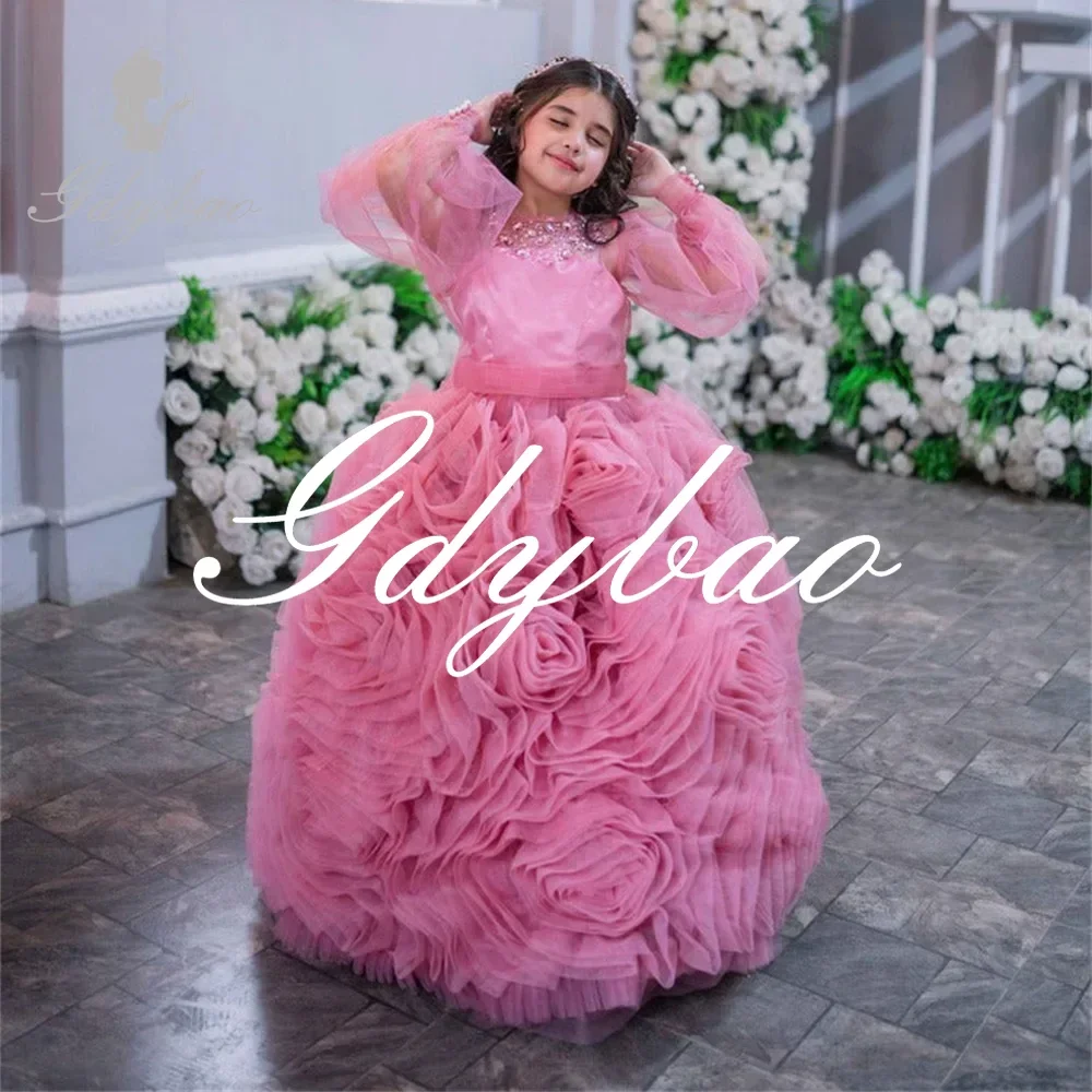 Crystals Luxury Pleat Long Ball Party Flower Girl Dress Puff Sleeve Floor Length Classic First Communion Gown Customized 2024