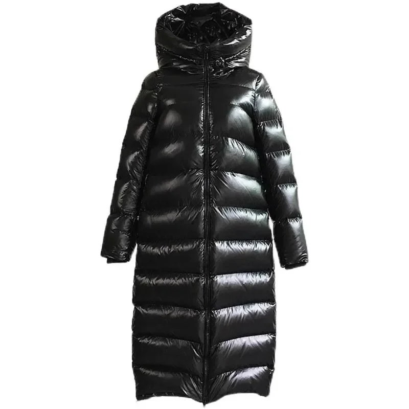 Hot Sale Down Jacket Women's Long Over The Knee Fashion Thin Winter New Version Thick Bright Face Super Long Hooded Coat Warm