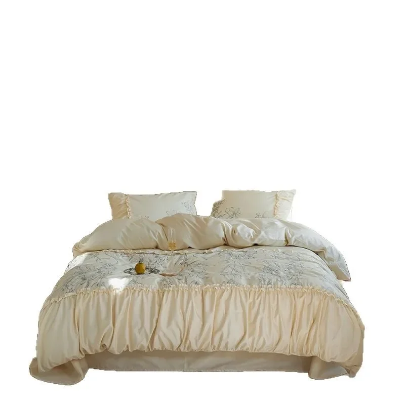 Lenzing Tencel four-piece summer embroidery pleated ice silk cool bed sheet quilt cover bedding