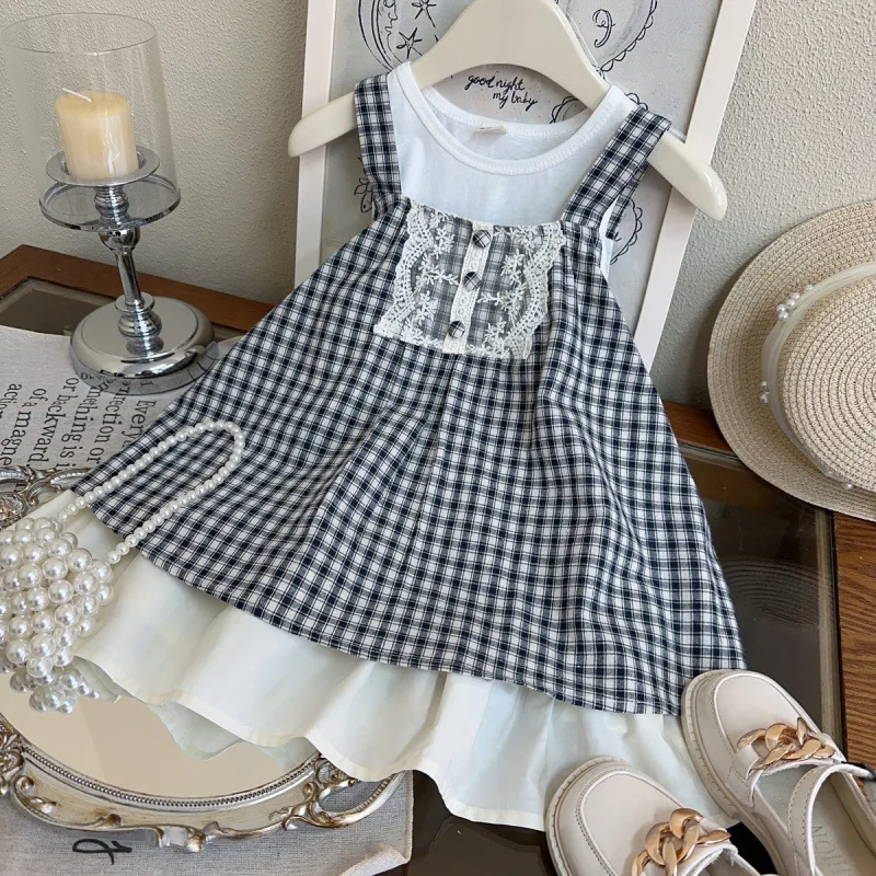 

2025Summer New Girls' Mori Style Outfit Fashionable Girl's Vest Top Plaid Vest Dress Two-Piece Set